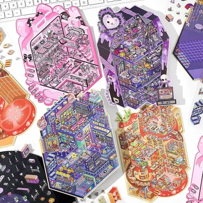 Card Lover 4 Pcs [Open Today Series] Stackable Mini House Cartoon Landscape Stickers Waterproof Material Diary Journaling