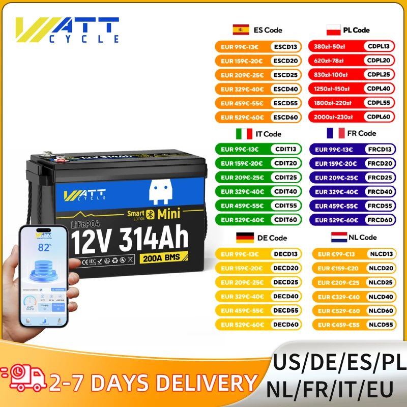 Wattcycle Bluetooth LiFePO4-Akku, 12 V, 314 Ah, 4019 Wh, Energie, 200 A, BMS, für Wohnmobile, Marine, Camping, USV, Heimaufbewahrung, netzunabhängig Image
