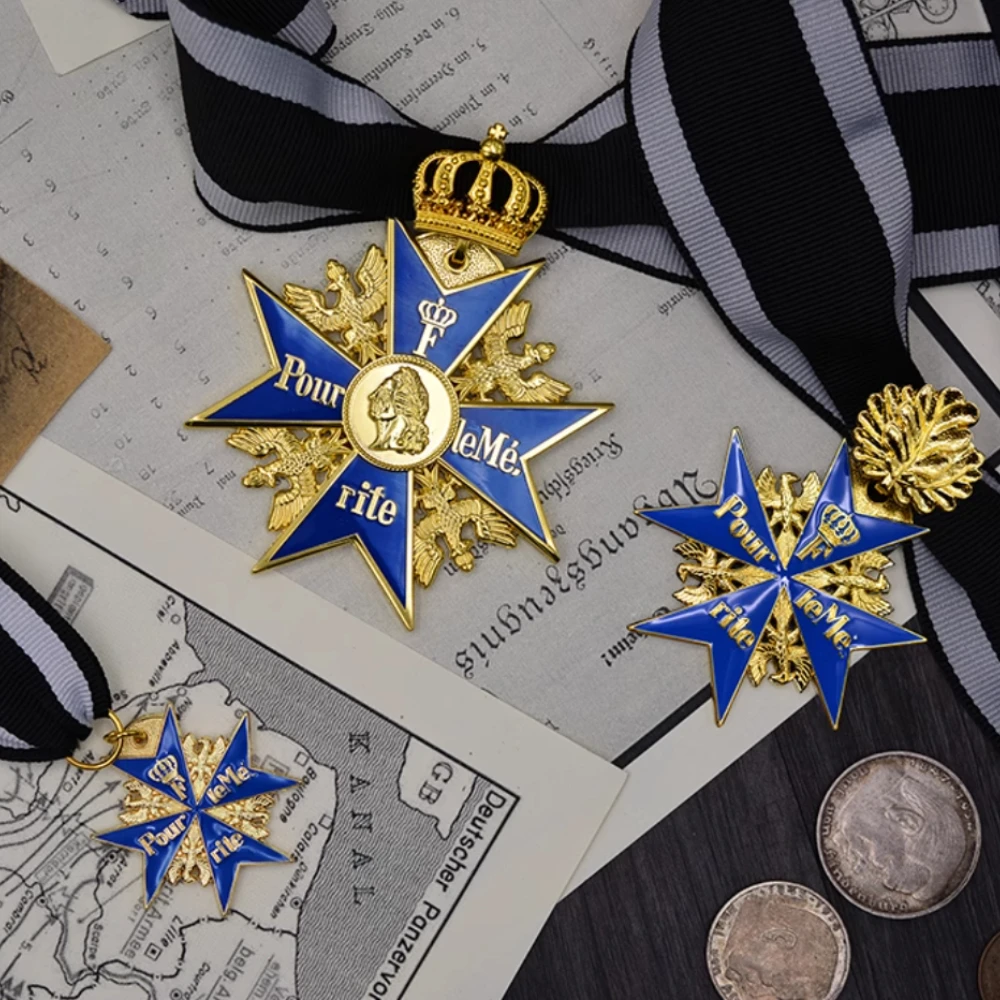 Preußische blaue Max-Kreuz-Medaille, Frederick, europäische Krone, Eichenblatt, Tapferkeit, Medaille, Abzeichen, preußische Medaille, Militärzubehör Image