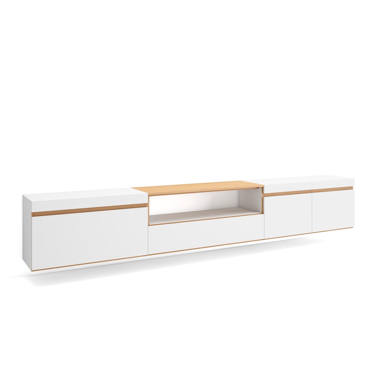 SKRAUT HOME TV-Schrank, Lowboard, 288x45x35 cm, Für großformatiges TV, Hängend, Weiß und Eiche Soft Image