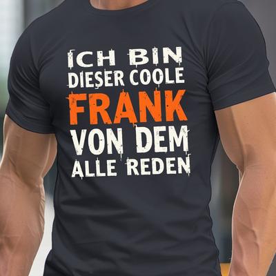 "TEMU Men's "ich Bin Frank" Graphic Tee - Casual Crew Neck Short Sleeve, Lightweight Summer Shirt, Black With Orange & White Print, Comfortable For Casual Attire" Image