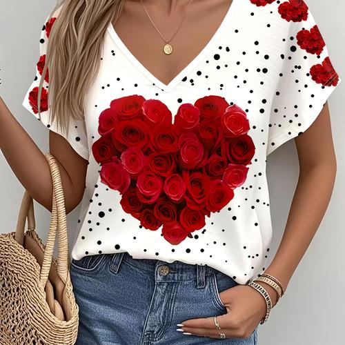 TEMU Top d'Été Femme pour , Soirée ou Vacances - Style Polyvalent et Libre, avec Imprimé Artisanal Rose Cœur à Noirs, Bretelle Unique, T-Shirt Élégante