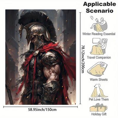 TEMU Spartan Warrior Printed Throw Blanket, All-season, Soft Flannel, Polyester, Reversible, 200-250g Fabric, Contemporary Style, Cartoon Theme, Home & Kitchen Bedding, Ideal Gift For Family & Image