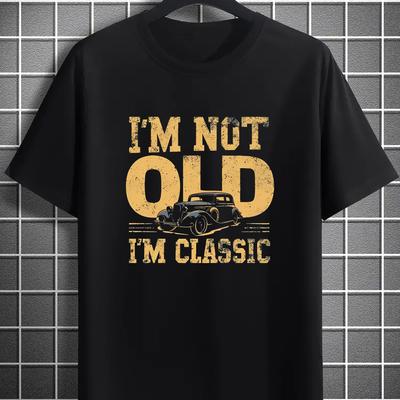 TEMU Men' Classic Car Graphic T-shirt | Casual Crew Neck Short Sleeve Tee | 100% Polyester Knit Fabric | Regular Fit Summer Top With ' Old, I'' Print | Lightweight & Breathable Material Image