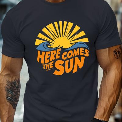 TEMU Here And Geometric Sun Pattern Print Men's Round Neck T-shirt With Comfy Short Sleeves, Lightweight Top For & Workout, Men's Summer Breathable Clothing Image