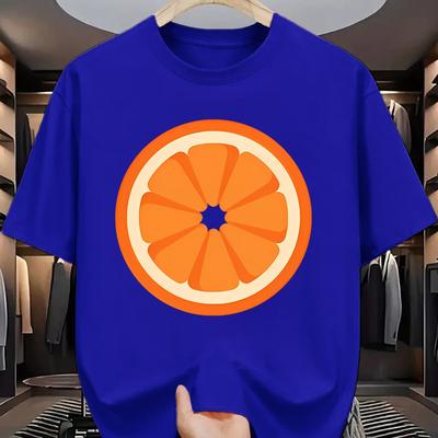 TEMU Men's Summer Fashion T-shirt With Unique Orange Print - Casual Round Neck, Short Sleeve, Polyester , Machine Washable Image