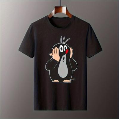 TEMU Men's 100% Cotton Casual Graphic T-shirt With Little Mole& Hand Gesture Print- Black Round Neck Regular Fit Tee For , Machine Washable Top, Cartoon Design Shirt, Nontransparent Fabric Image