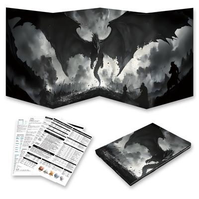 TEMU Foldable Dnd Master Screen With 4 5e Inserts - Fire, Black And White Dragon Design, Rpg, Pathfinder, Accessories | D&d Ttrpg Gaming Experience Image