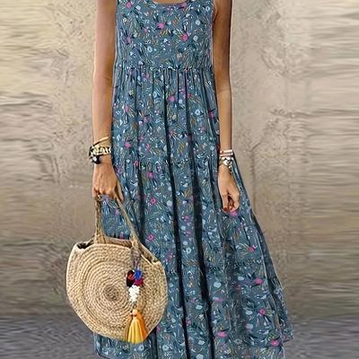 TEMU Women's Elegant Sleeveless Floral Print Dress - Fitted A-line Summer Dress With Round Neck, Machine Washable, Casual & Formal Wear, Cute Dress, Leisure Outfit, Fitted Design Image