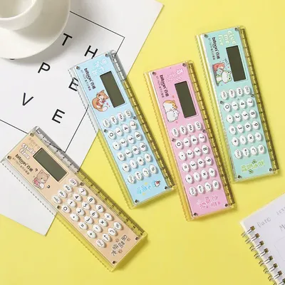 1pc Ruler Calculator Cartoon Cute Student Learning Supplies Learning Stationery Ruler MiNi Electronic Ruler Calculator Dual Use