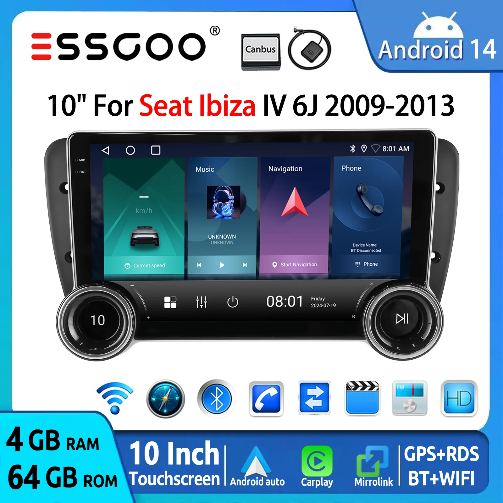 ESSGOO 10" Touchscreen Android 14 64GB Autoradio Für Seat Ibiza 6J 2009–2013 Wireless CarPlay Android Auto GPS Navigation Bluetooth FM WiFi RDS Mirror Link Multimedia-Videoplayer Head Unit mit Image