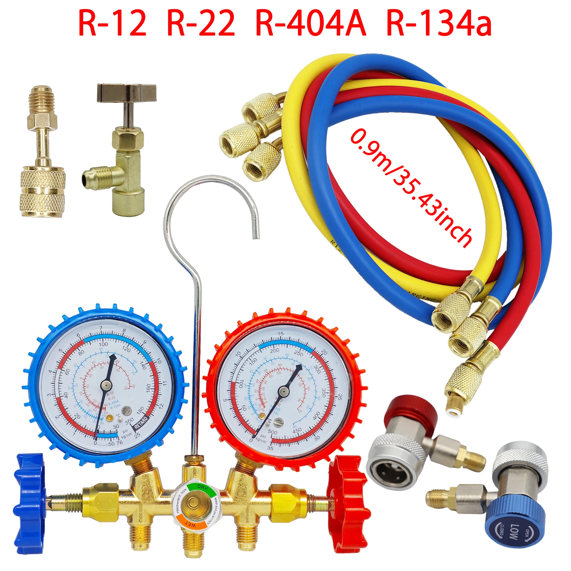 R134a Klimaanlagen-Manometer mit Schlauch und Haken, 3-Wege-AC-Diagnoseverteiler-Messgerät-Set, Freon für R12 R22 R404A R134a Image
