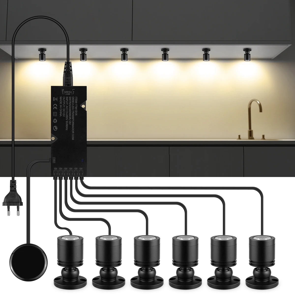 12V LED-Schrankbeleuchtung mit Touch-Schalter Dimmer - Durchdringt Holz/Glas 20mm, 3W Spotlight, Warm/Neutral/Weiß