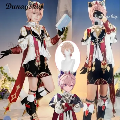 Genshin Impact Dahlia Cosplay-Kostüm, Perücke, hellrosa, kurzes Haar, süßes Kleid, Partyanzug mit Hut, Halloween-Party für Damen und Herren Image