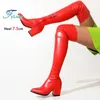 Winter Overknee Stiefel Frauen 7,5 CM Chunky Heels Sexy Spitz Lange Schuhe Elastische Leder Weibliche Oberschenkel Hohe Stiefel Größe 34-48