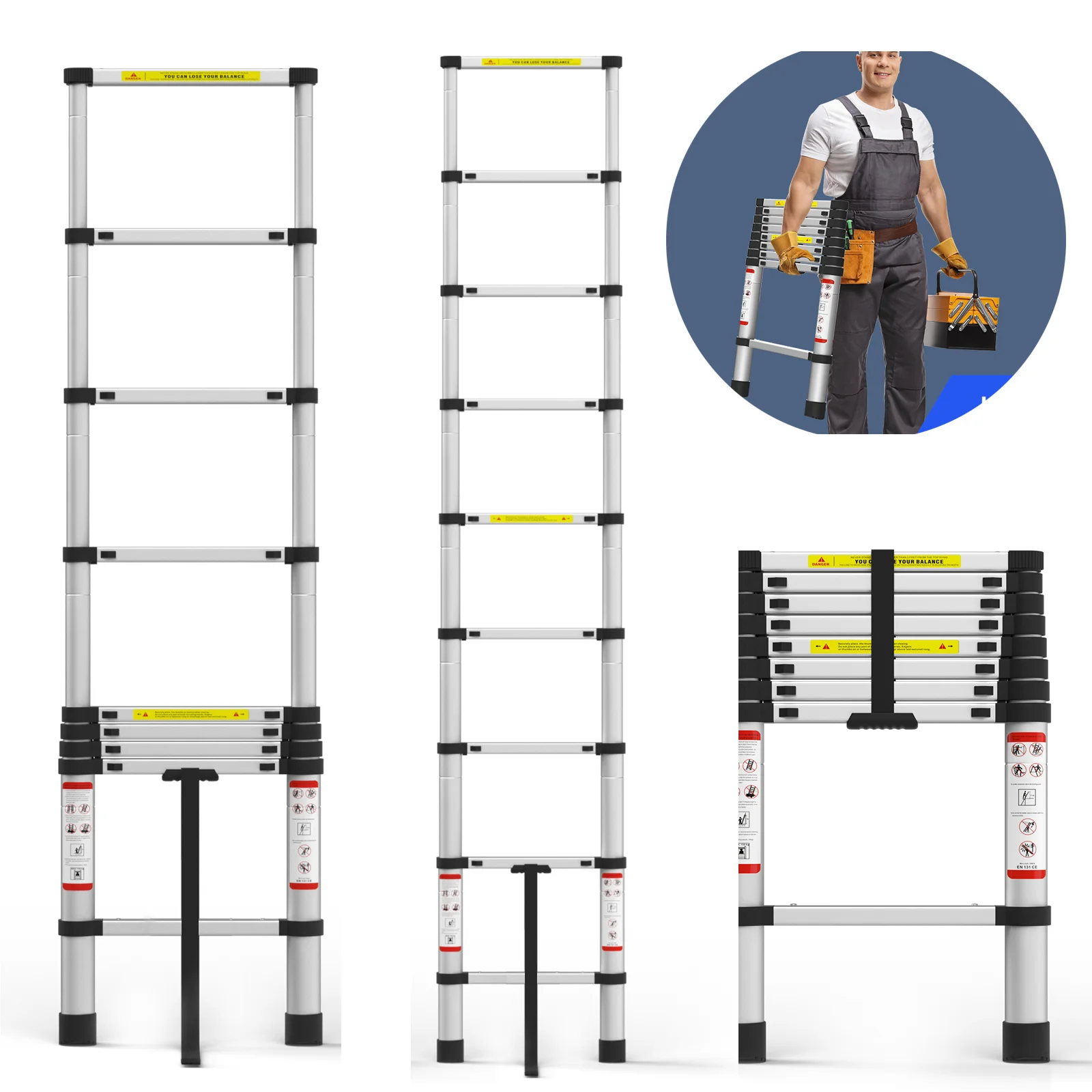 2,6 m/3,2 m/3,8 m Aluminium-Teleskop-Klapptreppe, vielseitig einsetzbar, rutschfest, ausziehbar, leicht, 150 kg Tragfähigkeit