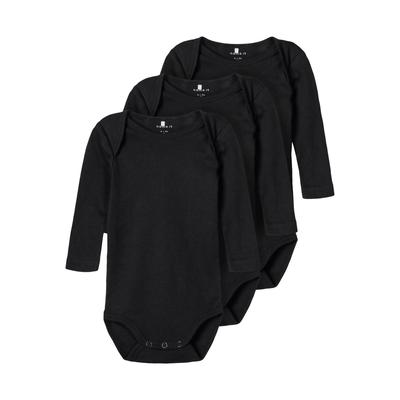 Body NAME IT "NBNBODY 3P LS SOLID NOOS", Baby, Gr. 80, N-Gr, schwarz, Sweatware, Obermaterial: 100% Baumwolle, unifarben, casual, regular fit, Rundhals, Langarm, Bodies Image