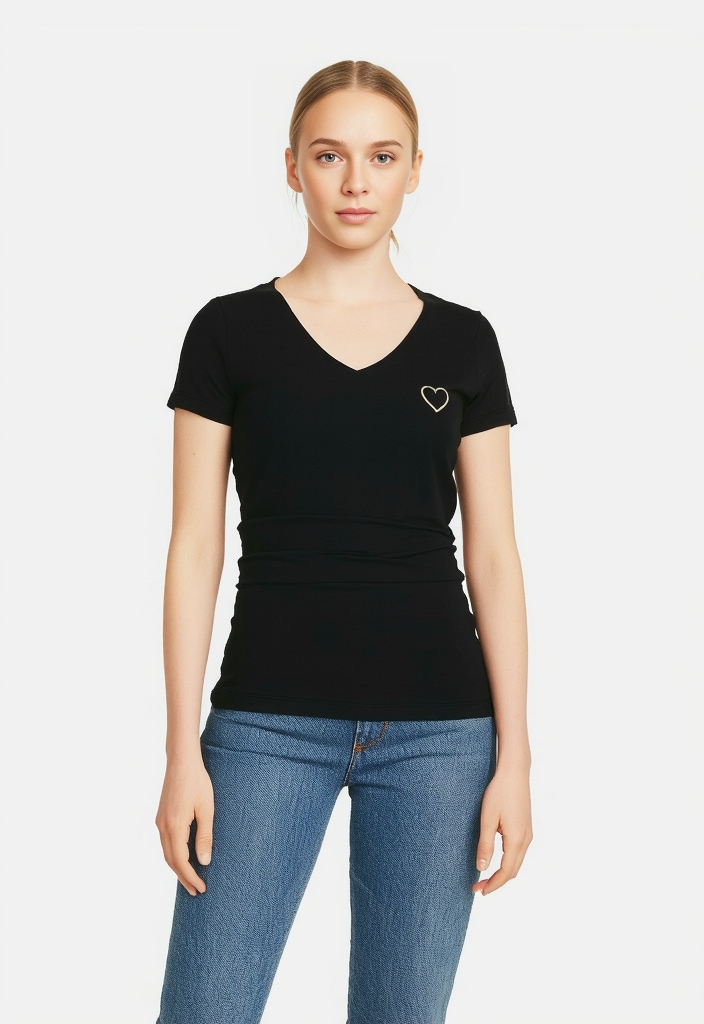 V-Shirt PIECES "PCNEW BILLY TEE EMB NOOS BC", Damen, Gr. S, schwarz (schwarz detail:gold heart outline), Jersey, Obermaterial: 95% Baumwolle, 5% Elasthan, bedruckt, regular fit normal, V-Ausschnitt, Shirts