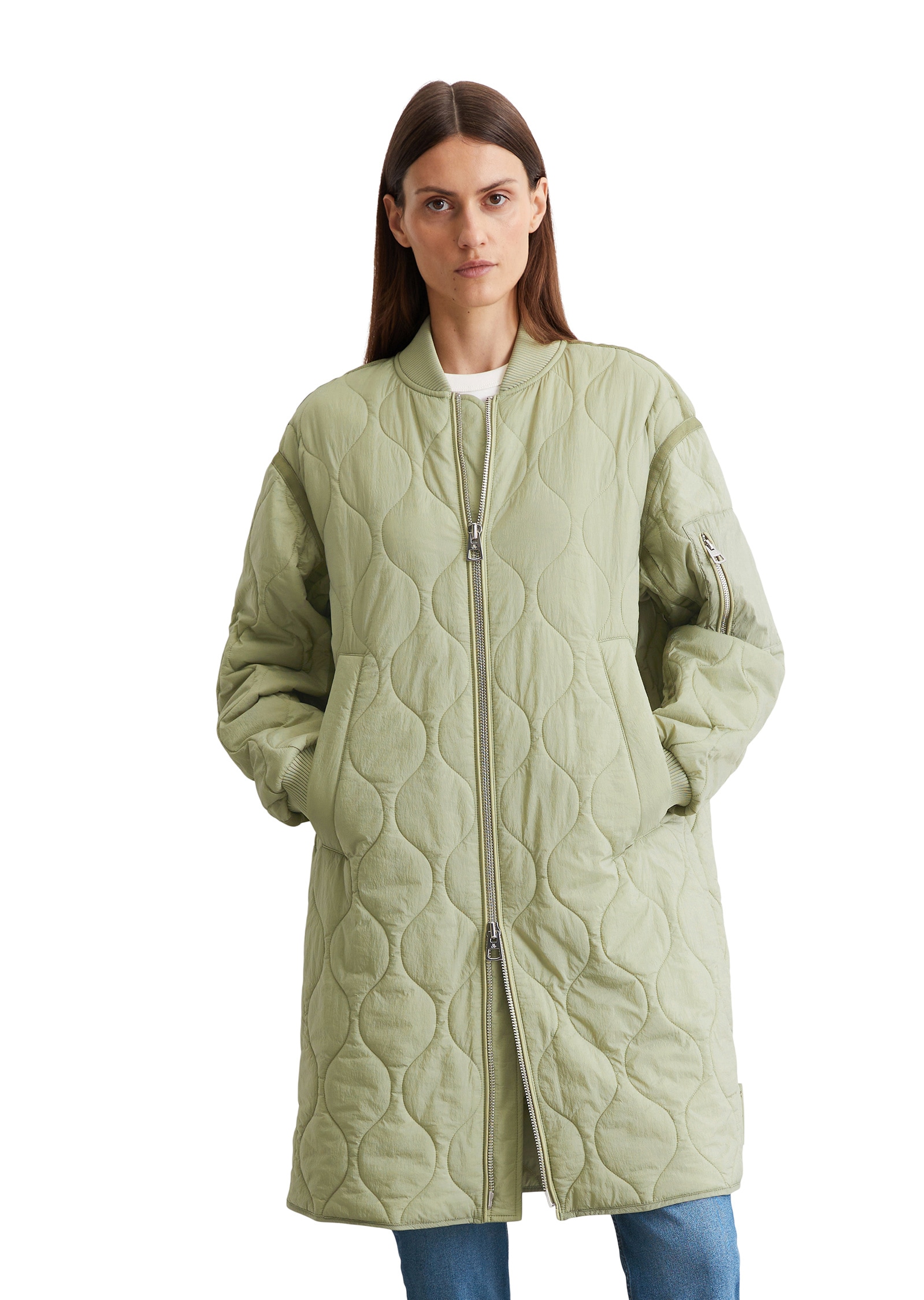 Steppmantel MARC O'POLO "aus recyceltem Nylon", Damen, Gr. 38, smooth sage, Obermaterial: 100% Polyamid; Füllung: 100% Nicht verfügbar; Futter: 100% Polyester, unifarben, Casual, regular fit, Strickbündchen, Mäntel Image