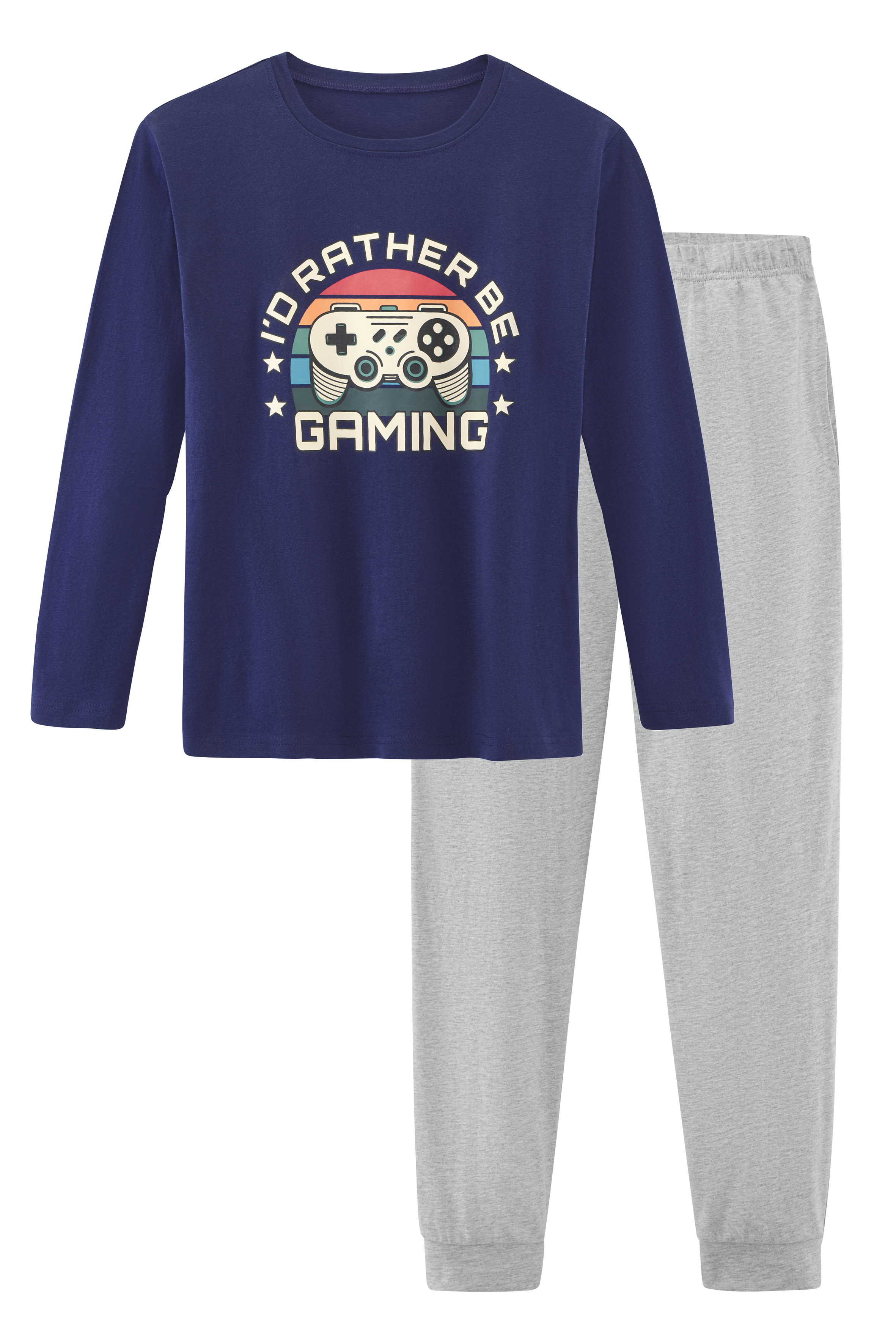 Pyjama AUTHENTIC LE JOGGER, Kinder, Gr. 158/164, blau (navy, grau meliert), Jersey, Obermaterial: 100% Baumwolle, meliert, Basic, lang, Rundhals, abgesteppte Kante, Homewear-Sets, Schlafanzug mit großem Gaming - Print vorn Image