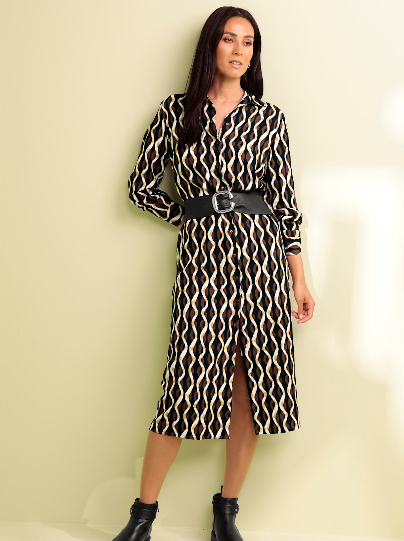 Druckkleid HEINE "Druck-Kleid", Damen, Gr. 40, Normalgrößen, braun (schoko, ecru, bedruckt), Twill, 100% Viskose, bedruckt, gemustert, mehrfarbig, wadenlang, Kleider Image