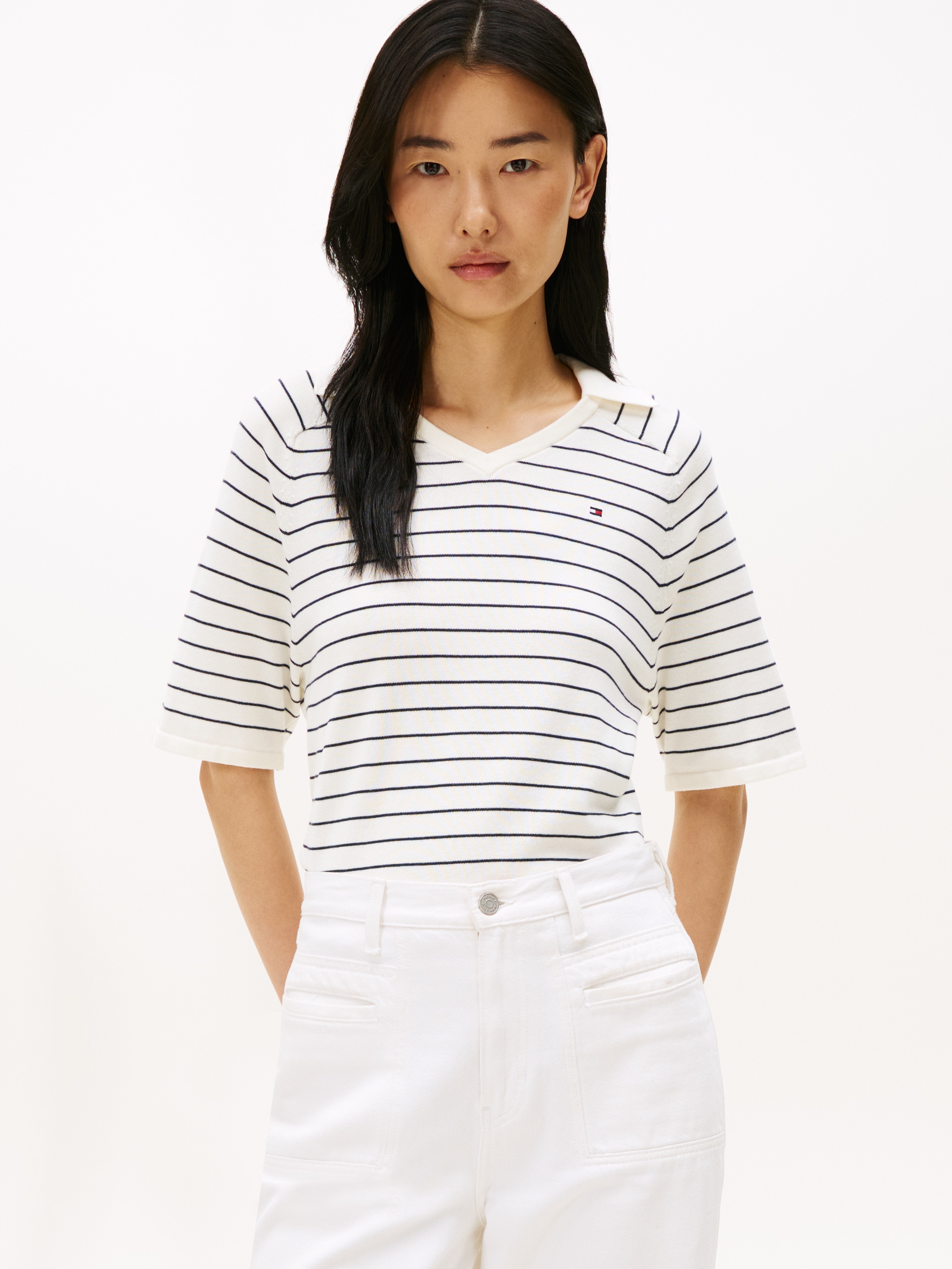 Strickpullover TOMMY HILFIGER "CO JERSEY STCH POLO V-NK S/S SWT", Damen, Gr. L (40), beige (ivory silk, schwarz night navy fine stp), Strick, Obermaterial: 100% Baumwolle, gestreift, regular fit, V-Ausschnitt, Pullover Strickpullover