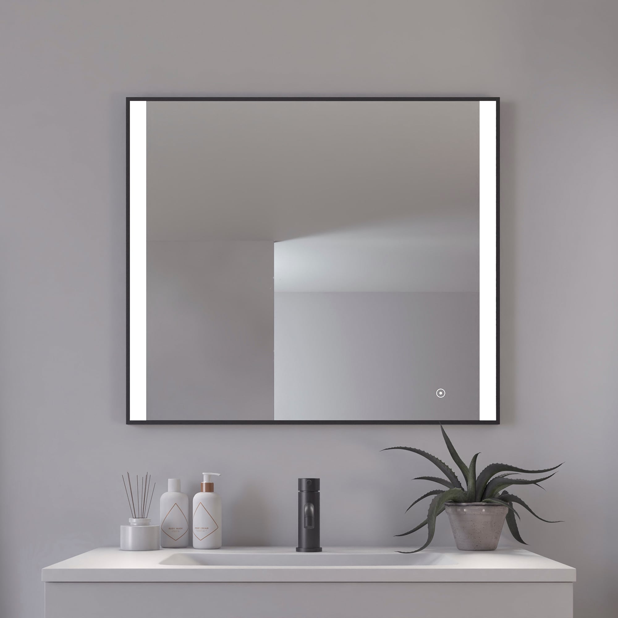 Badspiegel LOEVSCHALL "Libra Quadratisch, Badzimmerspiegel mit LED Beleuchtung", silber (weiß), Spiegel, Damen, B/H/T: 80cm x 70cm x 2,9cm, Spiegelglas, Badspiegel, Touchpanel für Lichtsteuerung, Dimmbar Spiegel, Dänisches Design, B:80cm H:70cm T:2,9cm