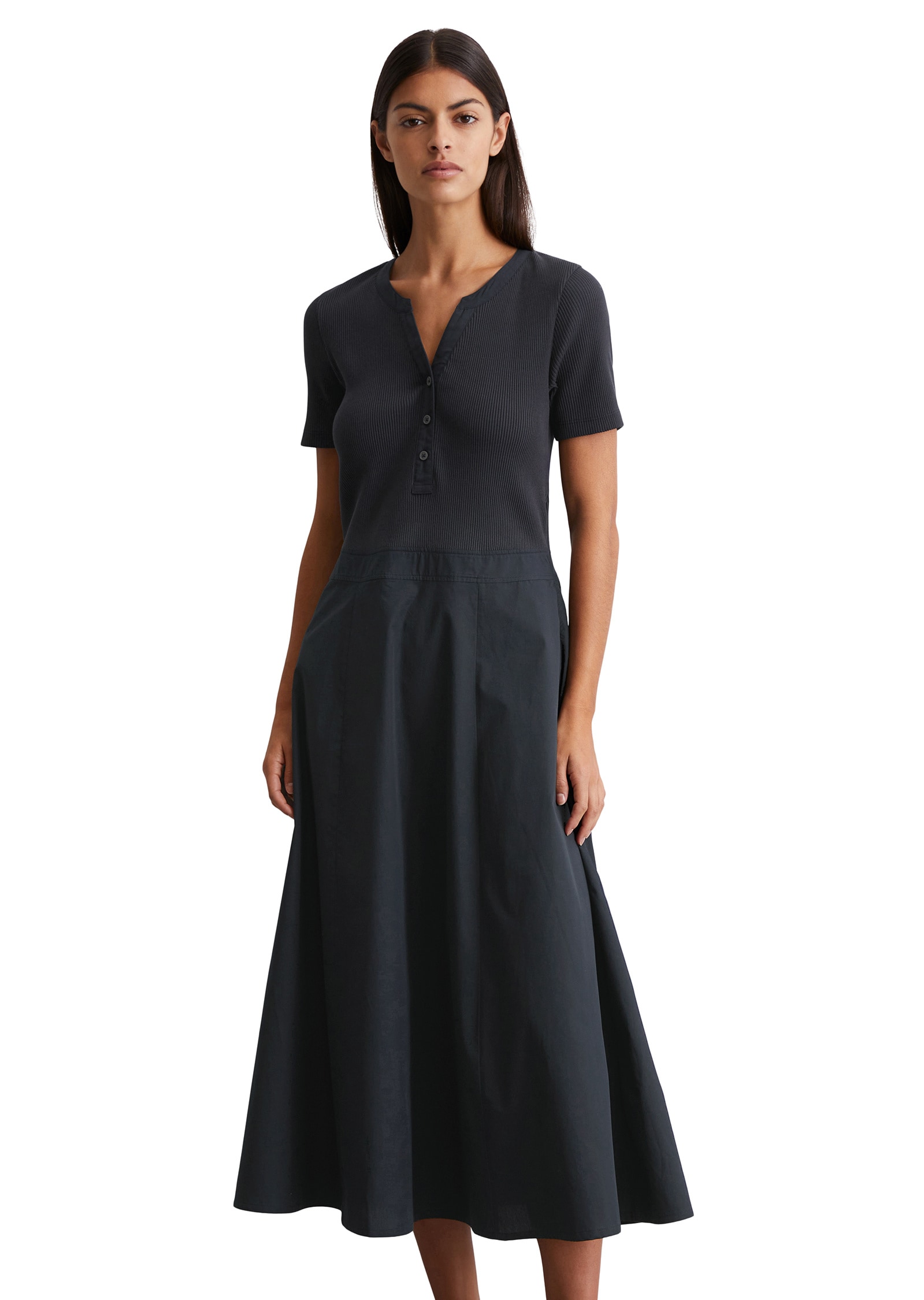 Jerseykleid MARC O'POLO "mit Baumwoll-Popelinerock", Damen, Gr. XL, Normalgrößen, blau (tiefblau sea), Obermaterial: 97% Baumwolle, 3% Elasthan; Futter: 100% Nicht verfügbar, unifarben, figurbetont wadenlang, Kleider Image