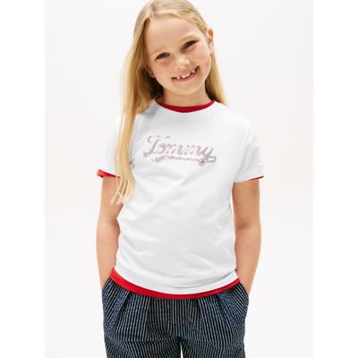 T-Shirt TOMMY HILFIGER "TOMMY SCRIPT SEQUINS TEE SS", Mädchen, Gr. 7 (122), weiß, Single Jersey, Obermaterial: 100% Baumwolle, unifarben, casual, regular fit hüftlang, Rundhals, Kurzarm, Shirts, für Kinder bis 16 Jahre, mit Pailletten Image