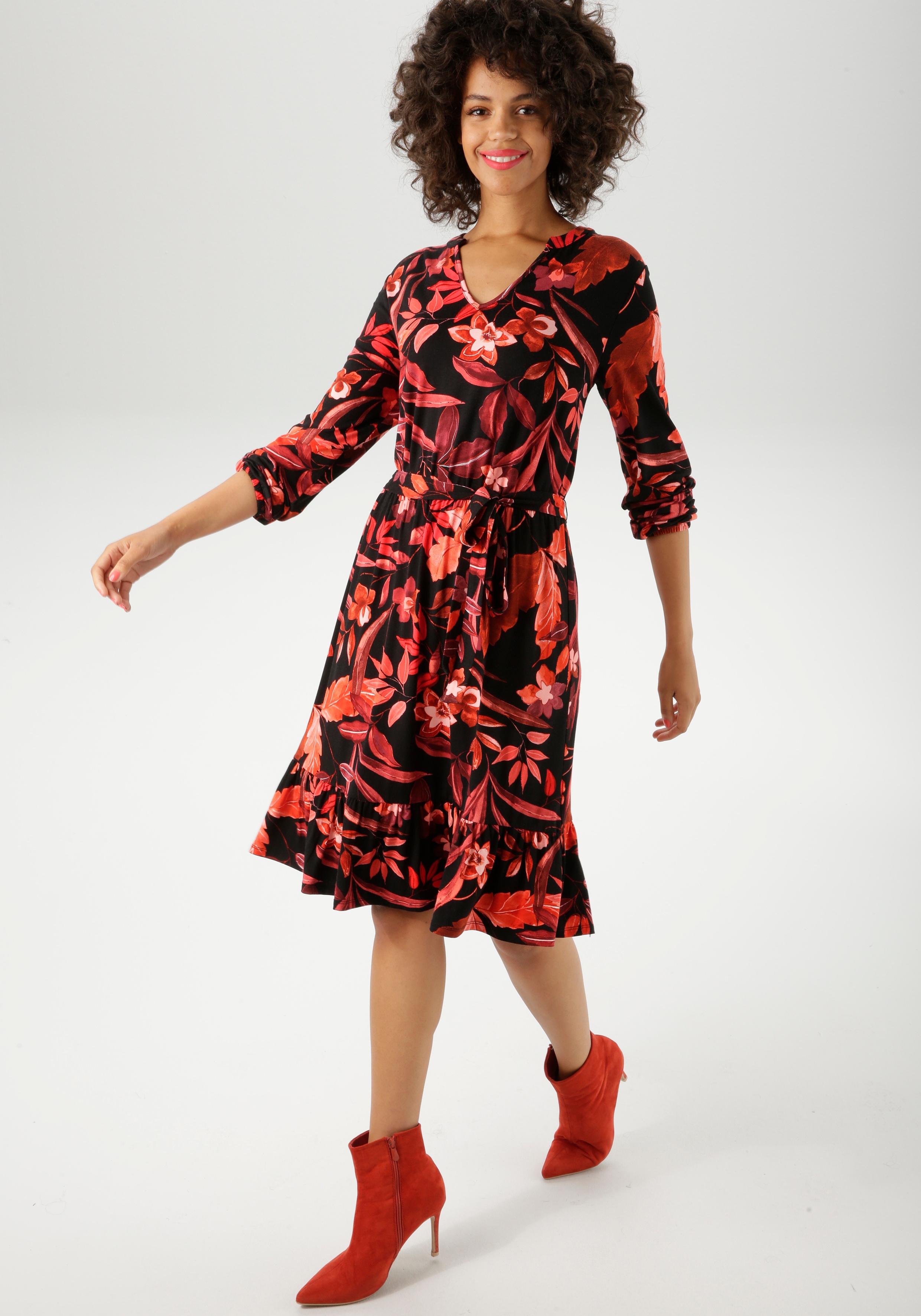 Jerseykleid ANISTON CASUAL, Damen, Gr. 46, N-Gr, rot (schwarz, rot, bordeaux, dunkelrot, orange, apricot, rosé, braun, wollweiß), Single Jersey, Obermaterial: 95% Viskose, 5% Elasthan, bedruckt, geblümt, figurumspielend knieumspielend, V-Ausschnitt,...