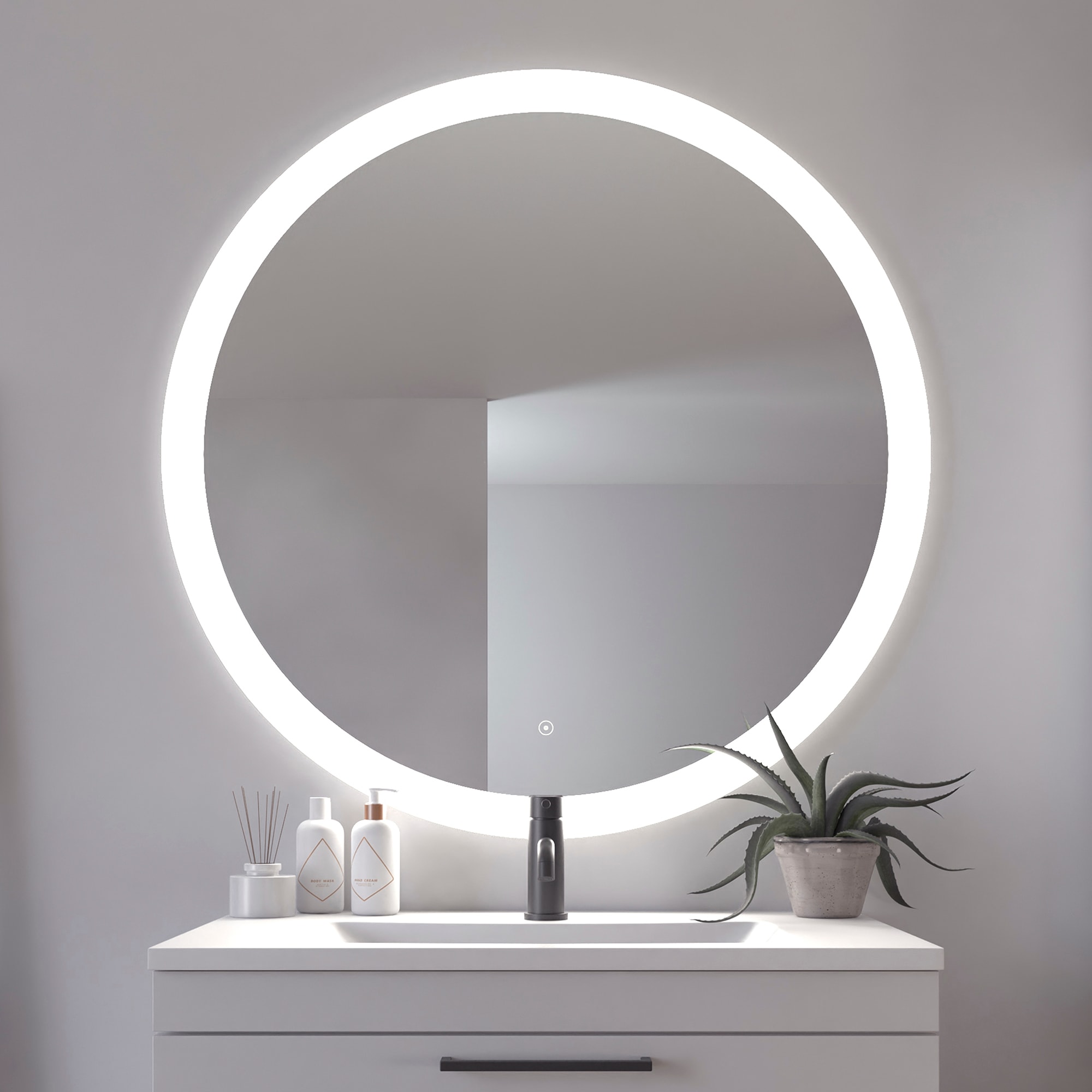 Badspiegel LOEVSCHALL "Vega Rund, Badzimmerspiegel mit LED Beleuchtung, Lichtspiegel", silber (weiß), Spiegel, B/H/T: 2,7cm Ø 100cm, Spiegelglas, Badspiegel, Touchpanel für Lichtsteuerung, Dimmbar Spiegel, Dänisches Design, T:2,7cm Ø:100cm