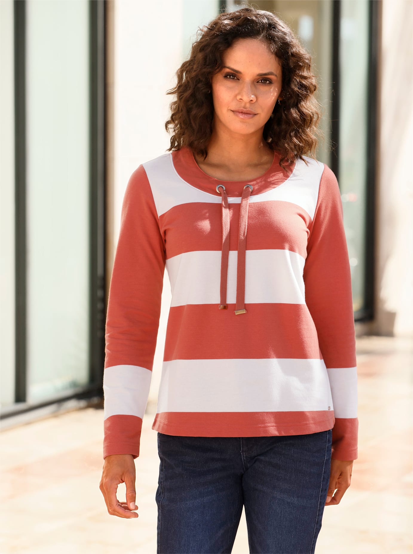 Sweatshirt CASUAL LOOKS, Damen, Gr. 38, orange (terra, ecru, geringelt), 50% Baumwolle, 50% Polyester, gemustert, gestreift, mehrfarbig, Rundhals, Sweatshirts Sweatshirt