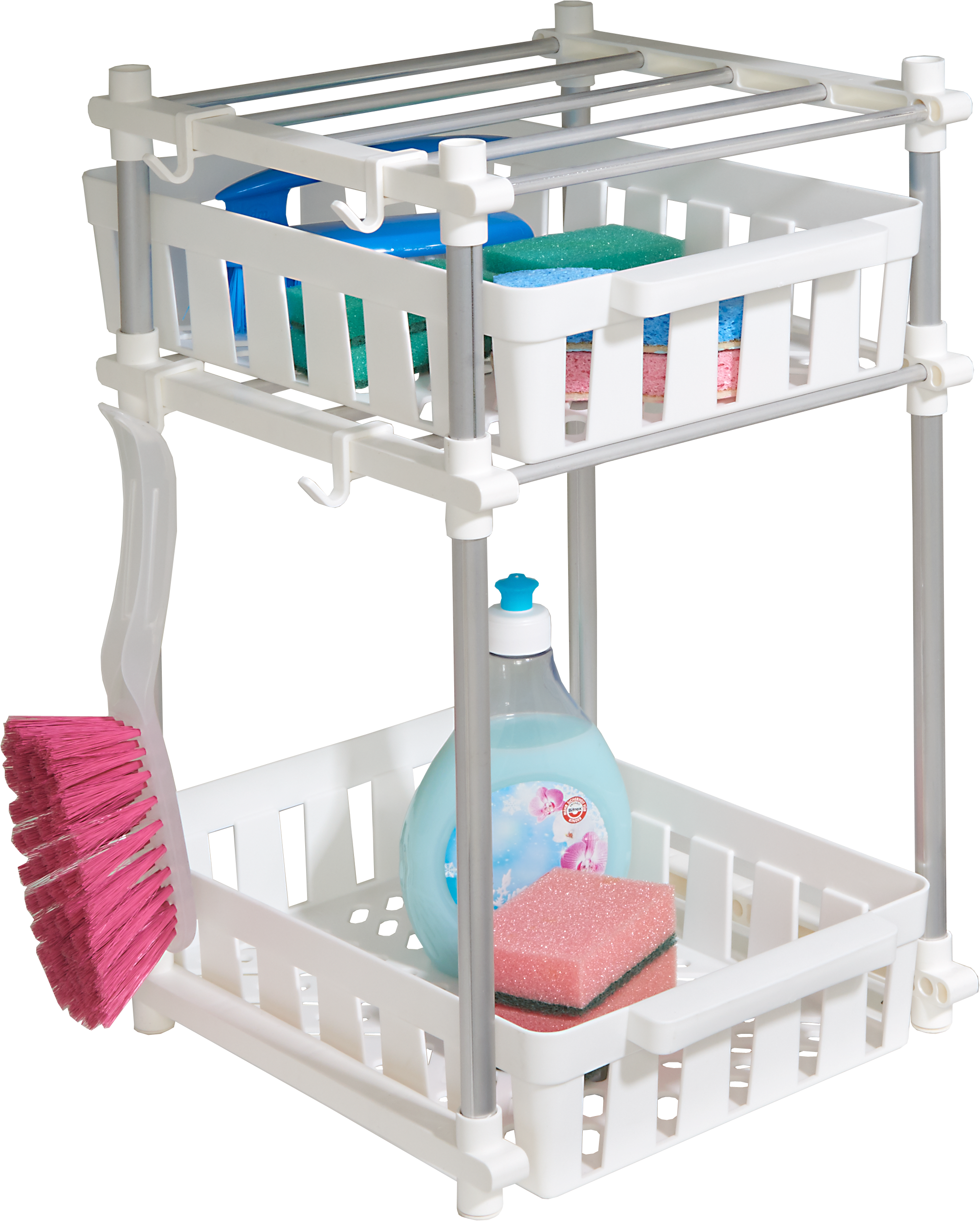 Küchenregal RUCO, grau (alu, weiß), B:30cm H:46cm T:34cm, Aluminium, Regale, Spülschrank-Organizer, Inkl. 2 Körben, 4 Haken, Aluminium/Kunststoff