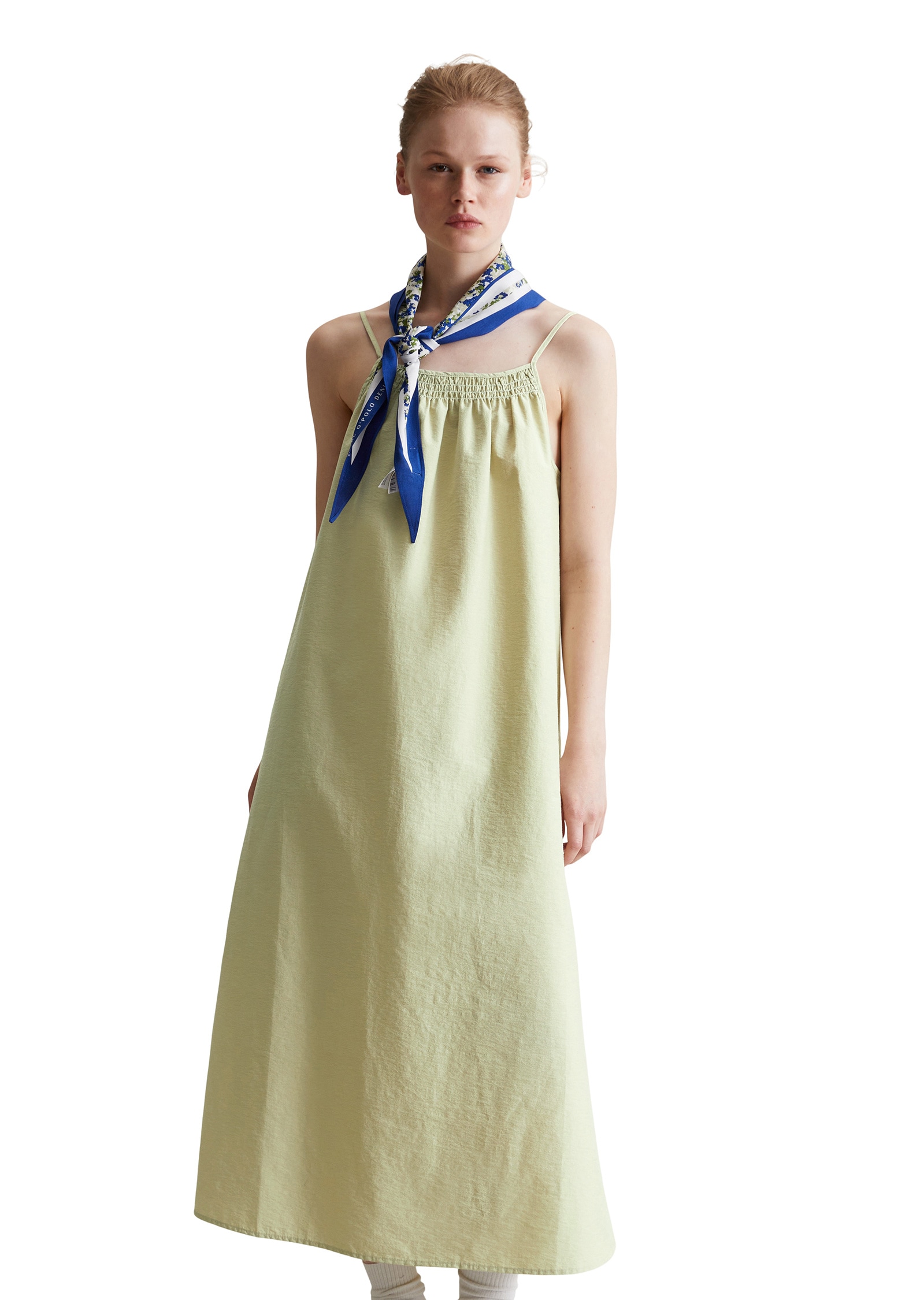 Maxikleid MARC O'POLO DENIM "aus Organic-Cotton-Mix", Damen, Gr. M, Normalgrößen, grün (elm grün), Obermaterial: 80% Baumwolle, 20% Polyamid, unifarben, relaxed fit wadenlang, paspeliert, Kleider Maxikleid