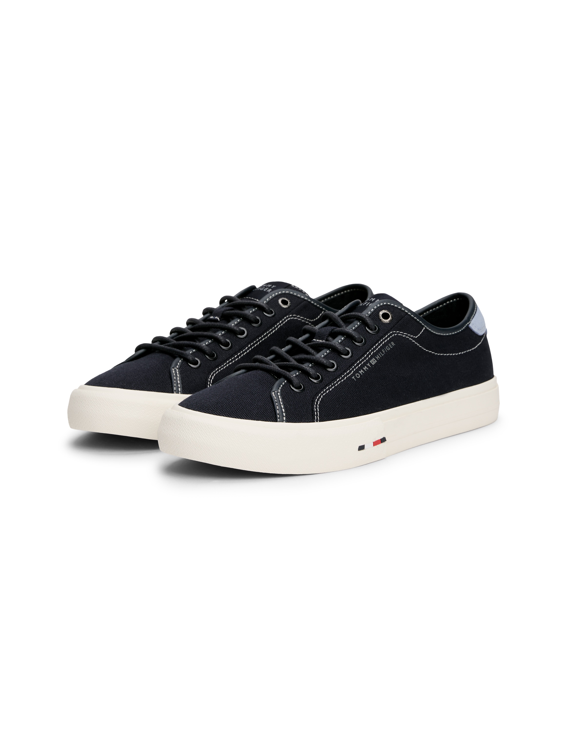 Sneaker TOMMY HILFIGER "TH HI VULC STREET CANVAS", Herren, Gr. 43, blau (dunkelblau), Textil, unifarben mit Farbeinsatz, Schuhe Sneaker, Freizeitschuh, Halbschuh, Schnürschuh mit Logoflag im Plateau