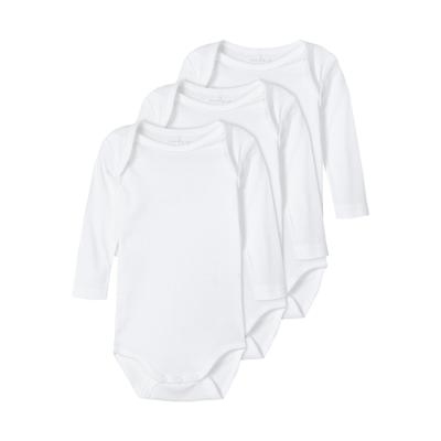Body NAME IT "NBNBODY 3P LS SOLID NOOS", Baby, Gr. 68, N-Gr, weiß (hellweiß), Sweatware, Obermaterial: 100% Baumwolle, unifarben, casual, regular fit, Rundhals, Langarm, Bodies Image
