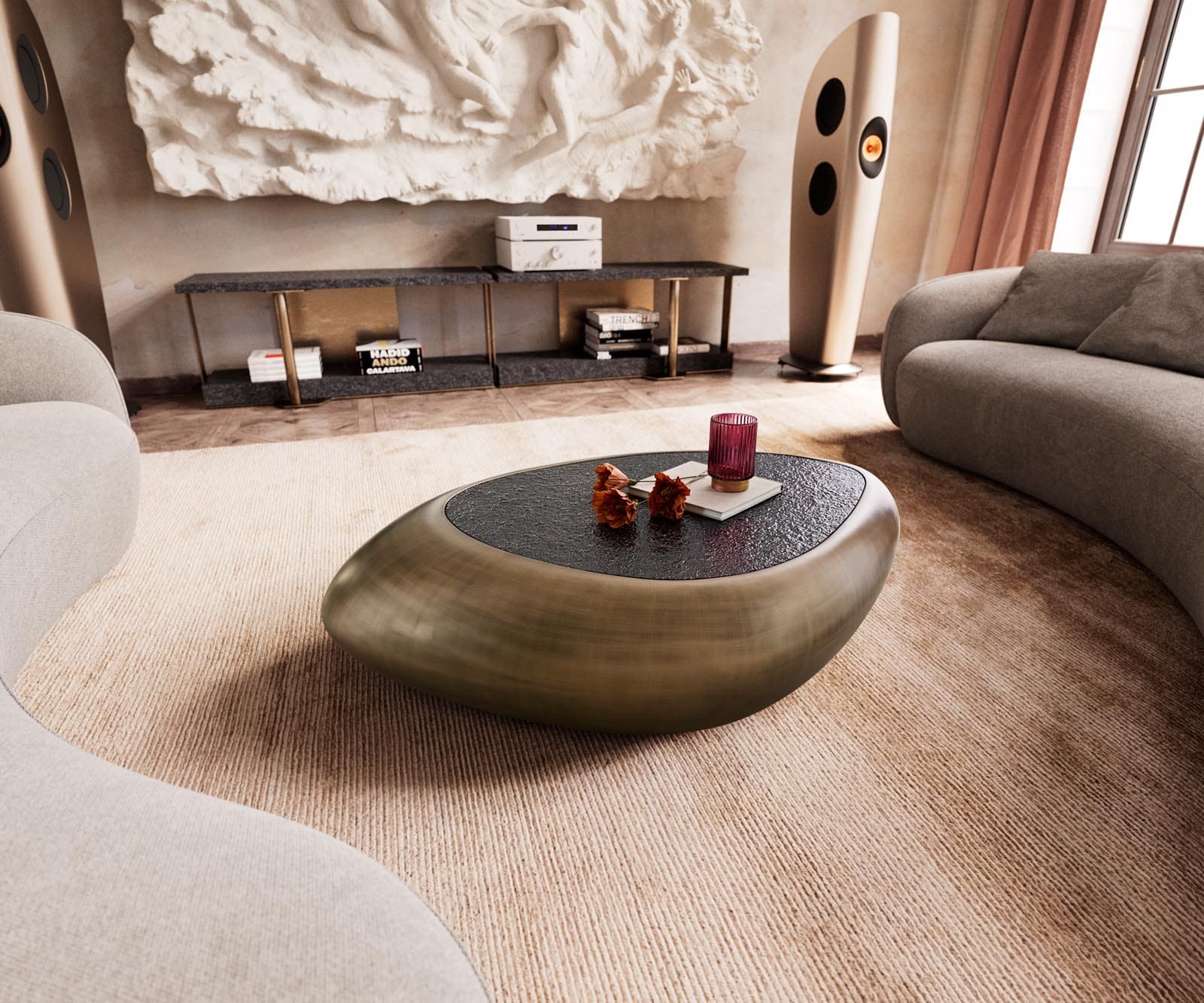 DELIFE Couchtisch Sagana 120x80 cm Metallic Gold mit Reliefglas Taupe, Couchtische Image