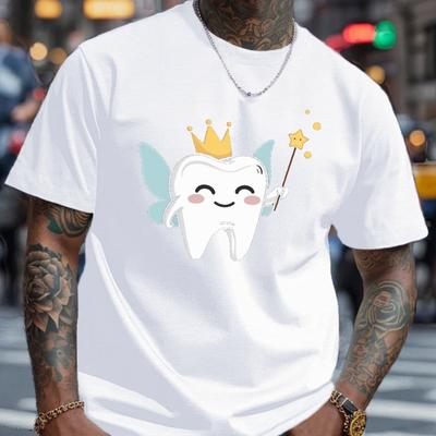 TEMU 1pc Men's Casual Polyester T-shirt With Crown Cartoon Tooth Print, Regular Fit Short Sleeve Tee For Summer Image