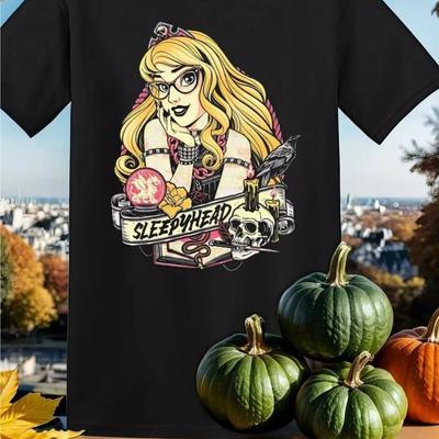 "TEMU Men's & Women's "" Graphic T-shirt - Retro Halloween-themed Design With Skulls, Pumpkins, And Hat, Black Cotton Tee For Casual Attire, Casual Wear | Print | , Halloween T Shirts" Image