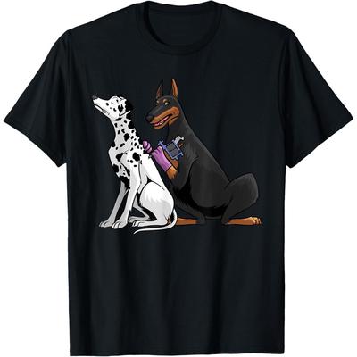 TEMU Men's Dalmatian& Doberman Graphic T-shirt- 100%, Black Crewneck, S-xxxl, Regular Fit, Casual& Comfortable For Image