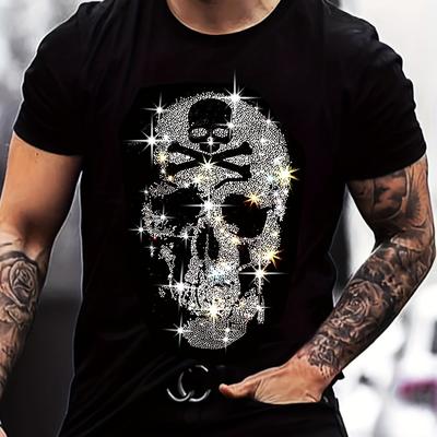 TEMU [cotton Casual Crew Neck Tee] 1pc Men's Rhinestone Skull Print T-shirt, 100% Cotton Crew Neck Casual Tee With Stretch, Summer Knit Fabric Applique Detail- Regular Fit Image