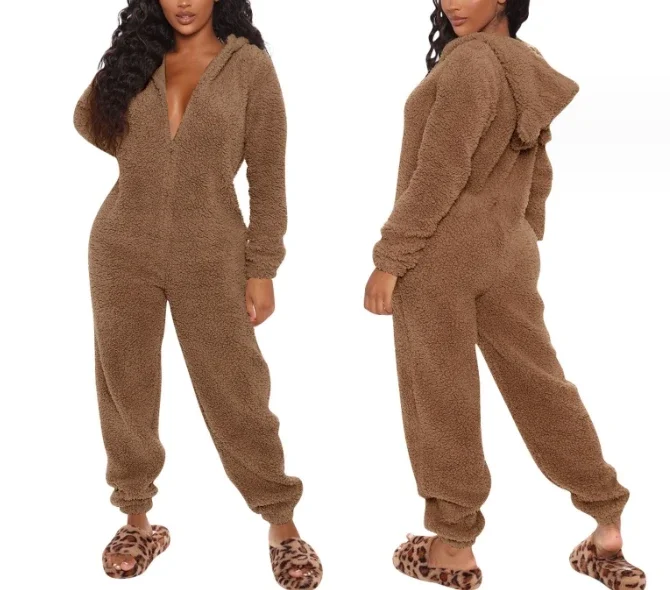 CPSYMYM Overall Frauen Herbst Plüsch Einfarbig Casual Langarm Täglichen Hause Overall Mit Reißverschluss Mit Kapuze Pyjamas Image