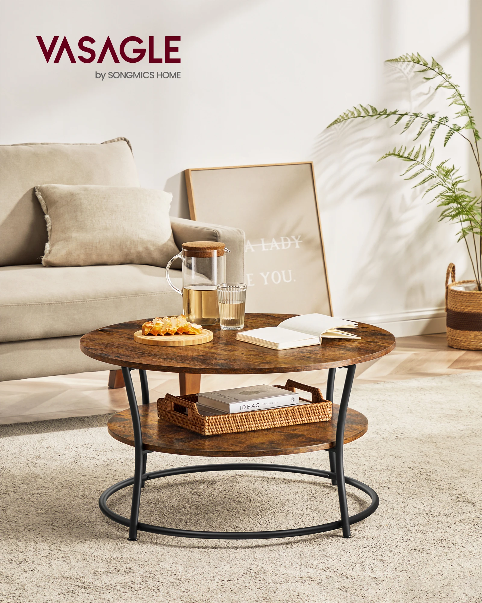 VASAGLE Couchtisch rund, Wohnzimmertisch, Sofatisch mit Ablage, einfacher Aufbau, Metall, Industrie-Design