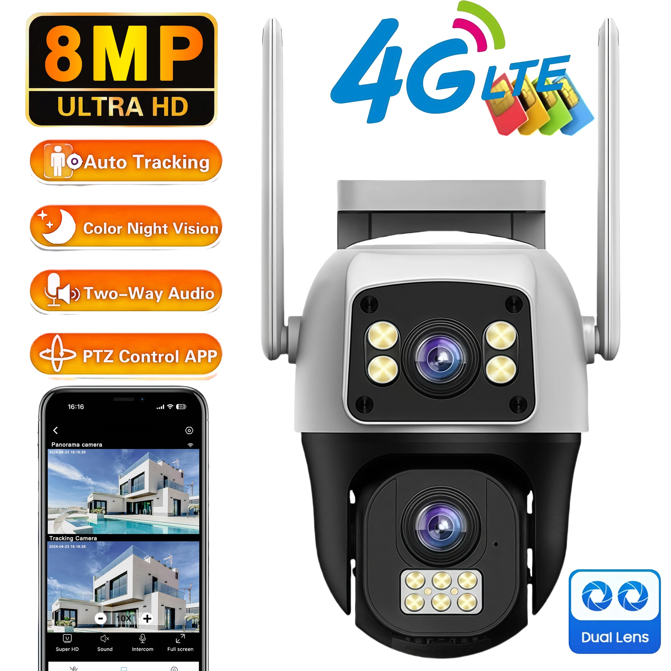 4K 8MP 4G Kamera Dual Lens Outdoor IP66 Wasserdicht 360° ° Human Detect Videoüberwachung, Sicherheit, CCTV-Schutz, PTZ-Kameras Image