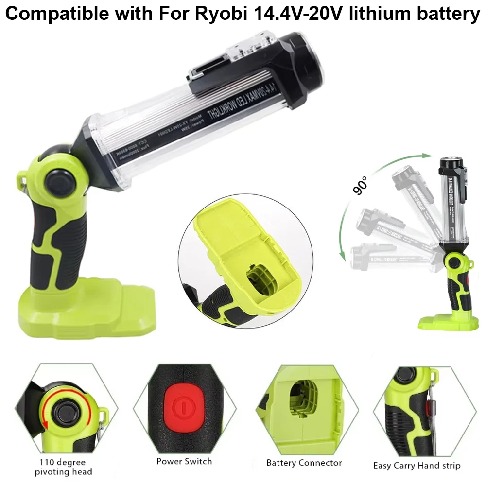 LED-Arbeitsleuchte für Ryobi 18 V ONE + Lithium-Batterie, 2000 lm, Zinklegierung, für den Außenbereich, breite Beleuchtung, Taschenlampe, Autoreparatur, Inspektion Image