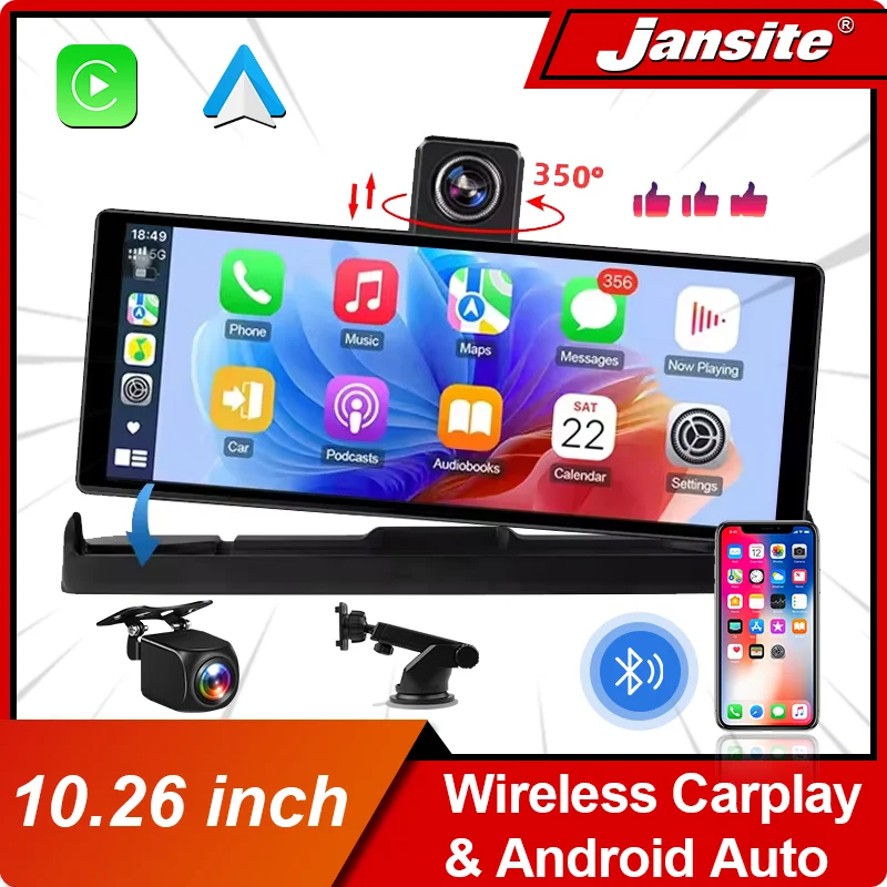 350 ° Rotation 10,26 "4K Dash Cam Carplay Android Auto GPS 5G WIFI FM BT Auto Dvr Dual Objektiv Dashcam Lkw Kamera Stick Recorder Image