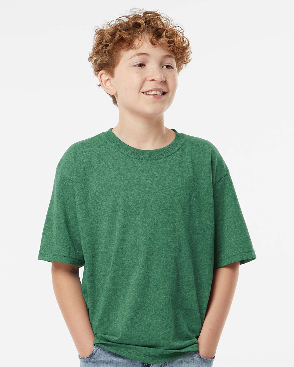 M&O MO4850 Youth Gold Soft Touch T-Shirt in Heather Kelly Green size Large | Cotton 4850