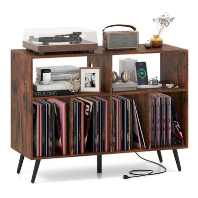 Costway Record Player Stand with Charging Station and Open Shelves-Rustic Brown