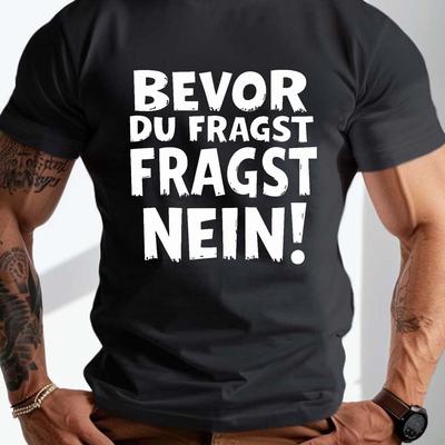 "TEMU Men's Plus Size Casual T-shirt - "before You Ask No" Graphic, Black With White Text, Short Sleeve, Round Neck, Summer Essential, Polyester Fabric, , Plus Size" Image