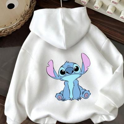 TEMU Stitch Hoodie - Cozy Drawstring Cartoon Design, Casual Beige Sweatshirt For Women, All , Stitch Fleece Hoodie Image